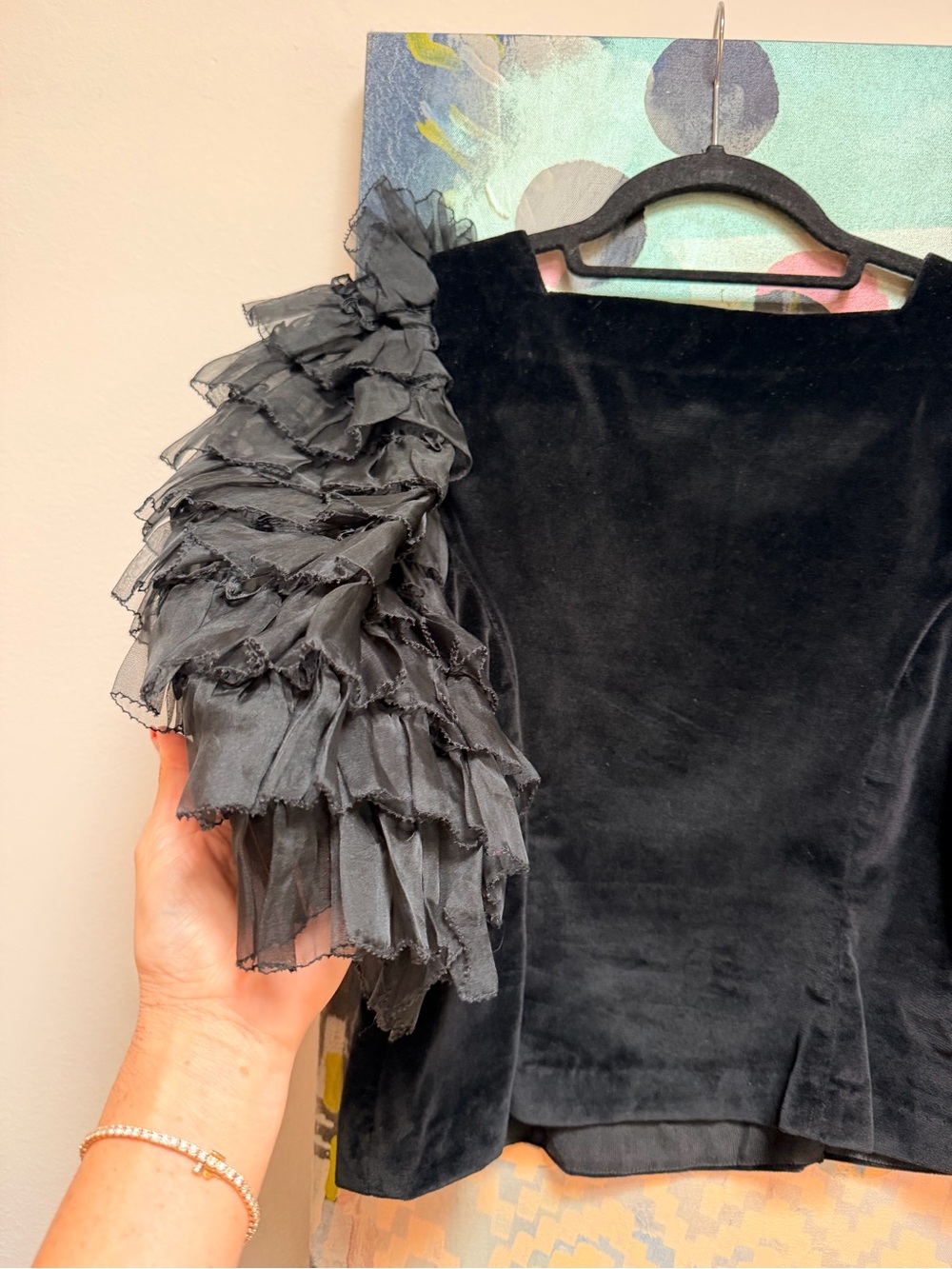 DÔEN Heirloom Black Ruffle-Sleeve Clarette Top Velvet and Silk Sz XS - Picture 9 of 12